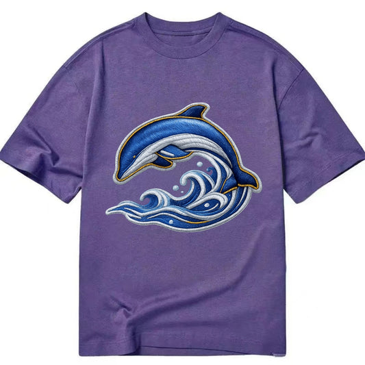 Embroidered patch design - SWIMMING DOLPHIN - diving dolphin with waves in blue - Classic T-shirt - Purple