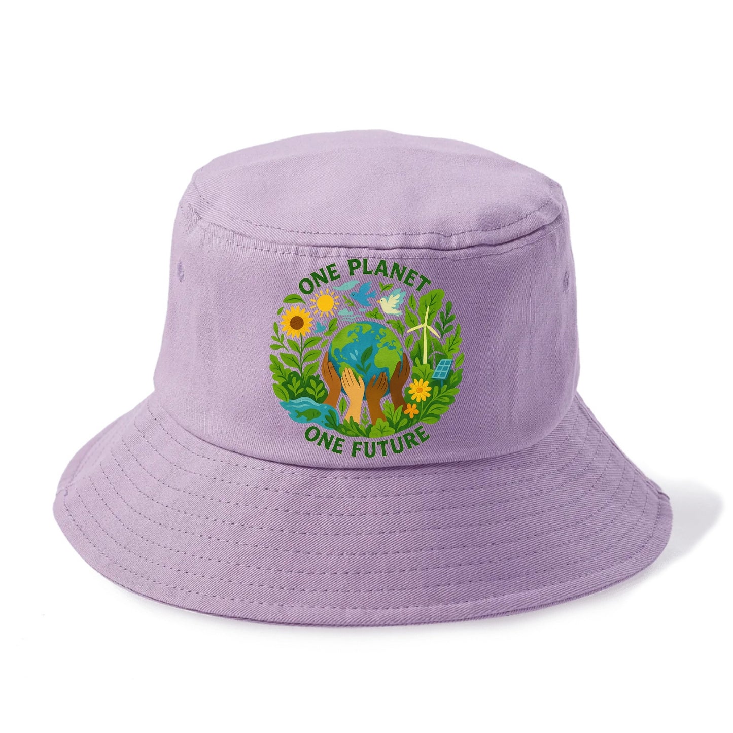 Globe surrounded by hands of all colors working together - "One Planet, One Future" - - Bucket Hat - Purple