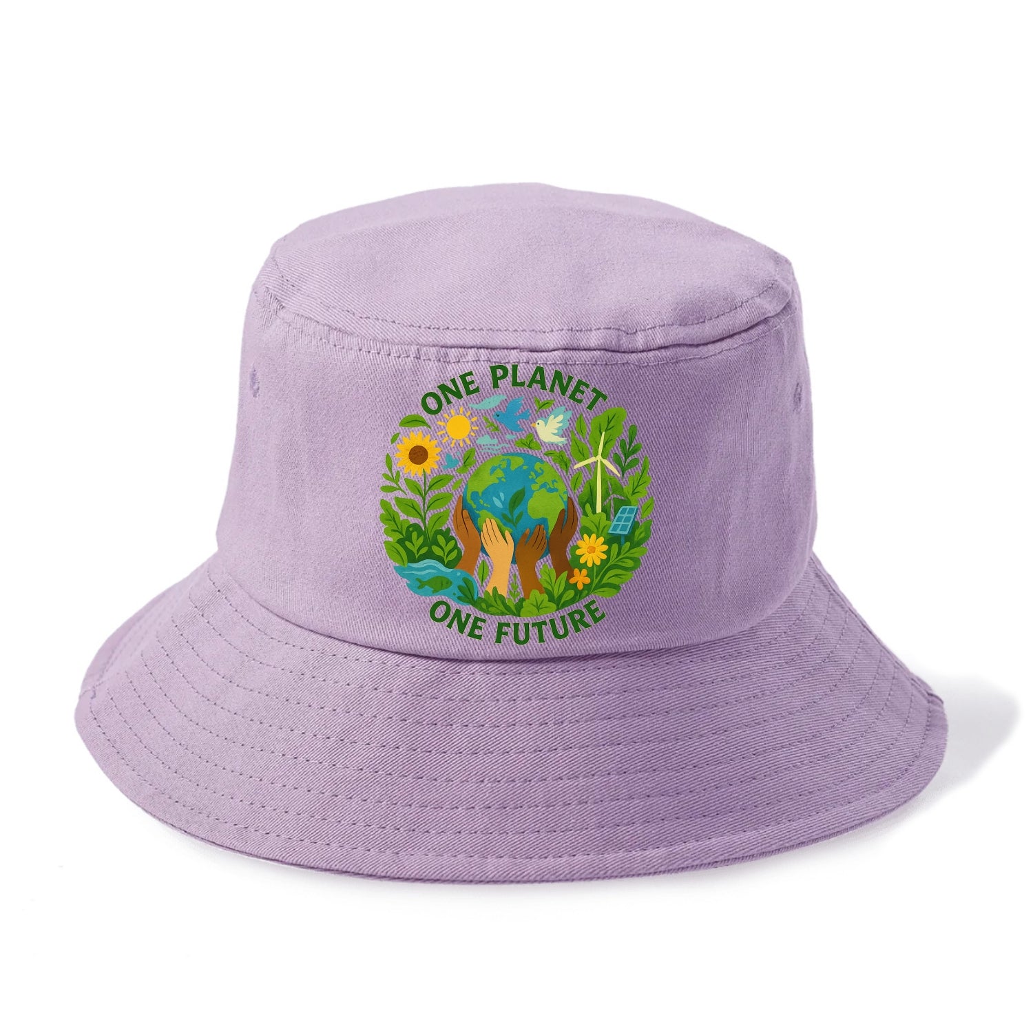 Globe surrounded by hands of all colors working together - "One Planet, One Future" - - Bucket Hat - Purple