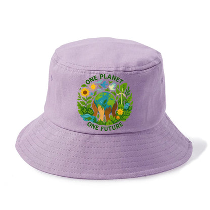 Globe surrounded by hands of all colors working together - "One Planet, One Future" - - Bucket Hat - Purple