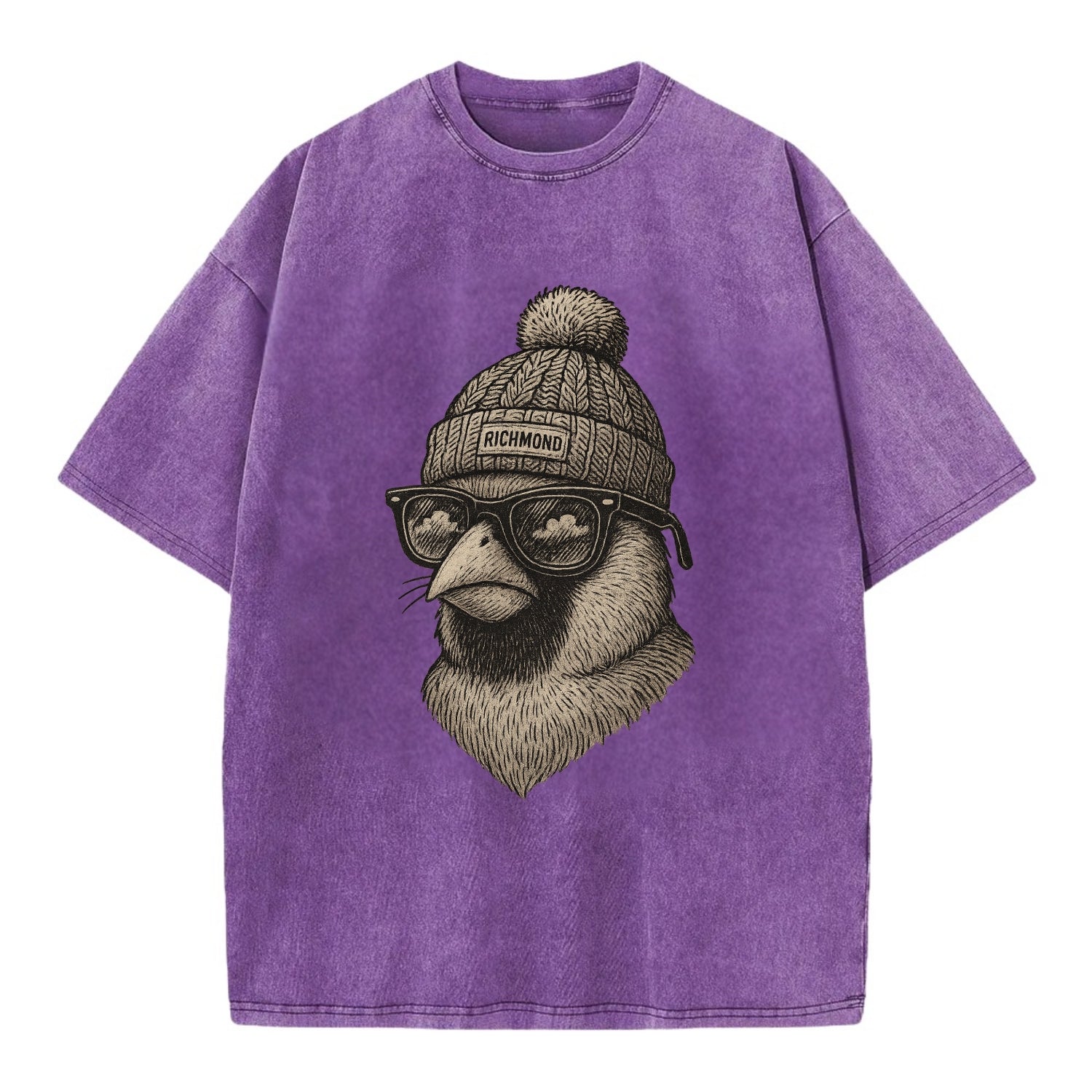 Virginia Cardinal wearing Richmond beanie with pom pom and wayfarer sunglasses - Vintage T-shirt - Purple