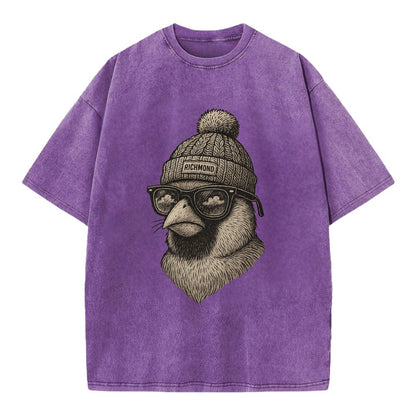 Virginia Cardinal wearing Richmond beanie with pom pom and wayfarer sunglasses - Vintage T-shirt - Purple
