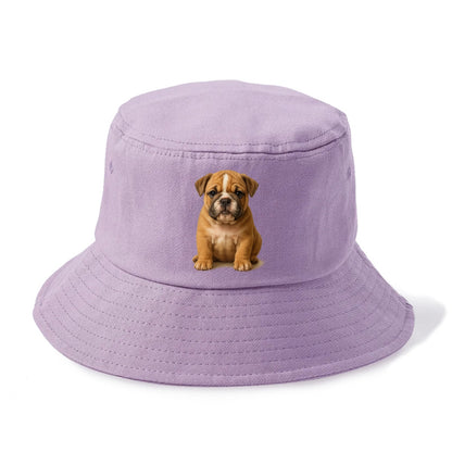 Baby Bulldog Puppy - wrinkly face, underbite, stocky body, gentle eyes, front-facing, - Bucket Hat - Purple