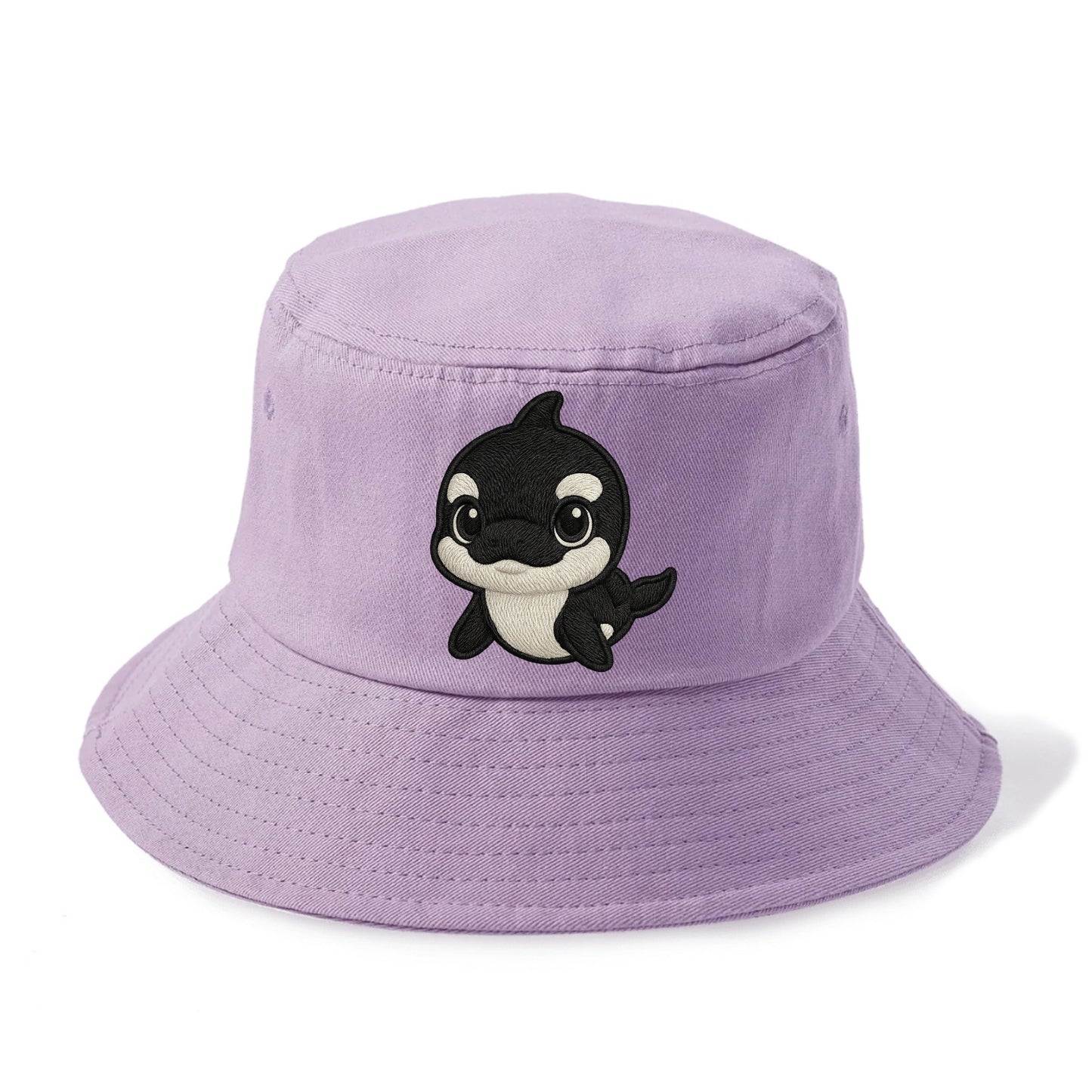 Baby Orca - black and white pattern, white eye patch, front-facing, curious and - Bucket Hat - Purple