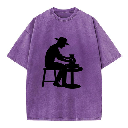 Potter shaping clay on wheel - Vintage T-shirt - Purple