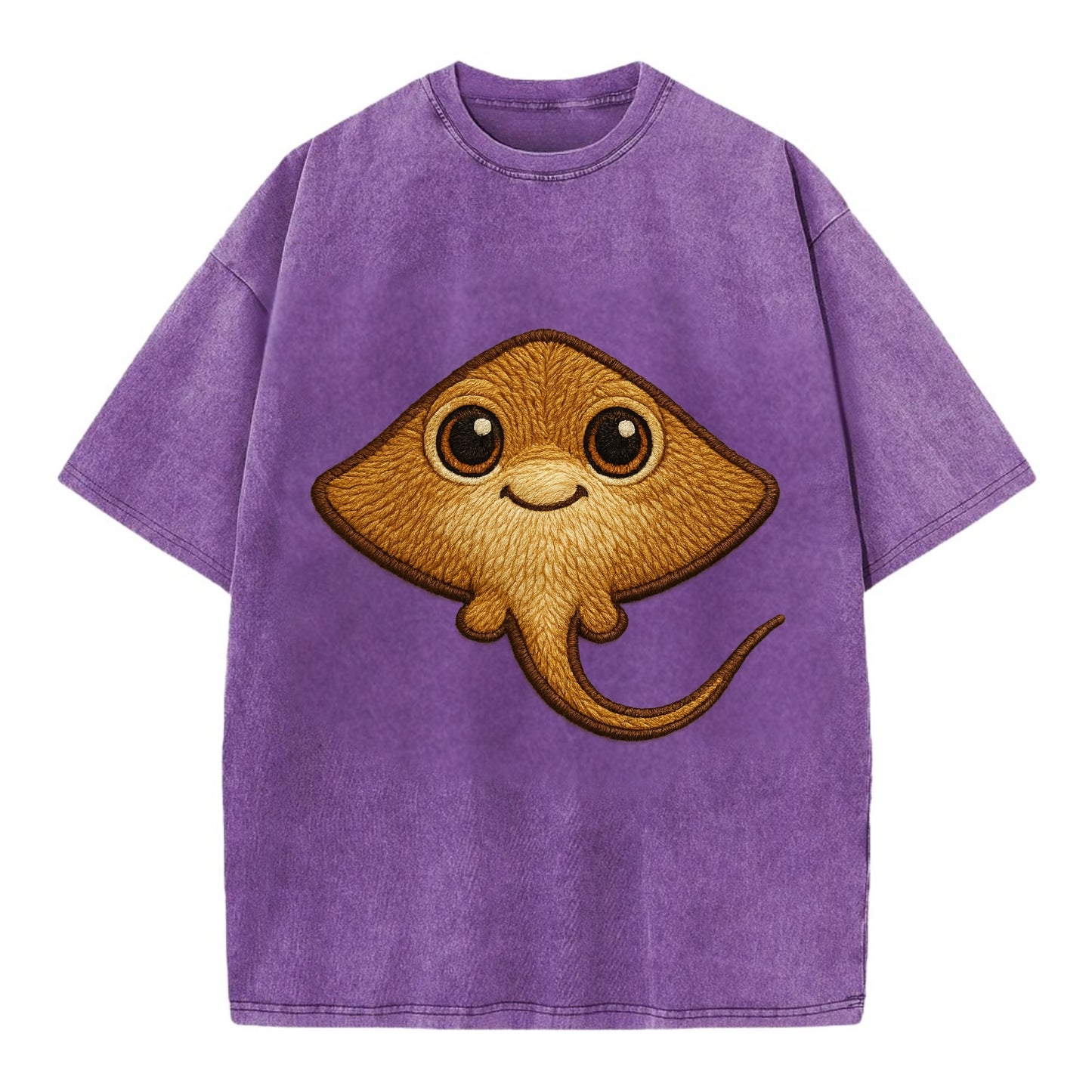 Baby Stingray - flat body, long tail, eyes on top, front-facing, friendly - Vintage T-shirt - Purple