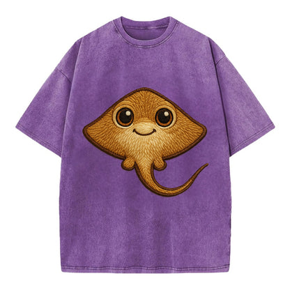 Baby Stingray - flat body, long tail, eyes on top, front-facing, friendly - Vintage T-shirt - Purple