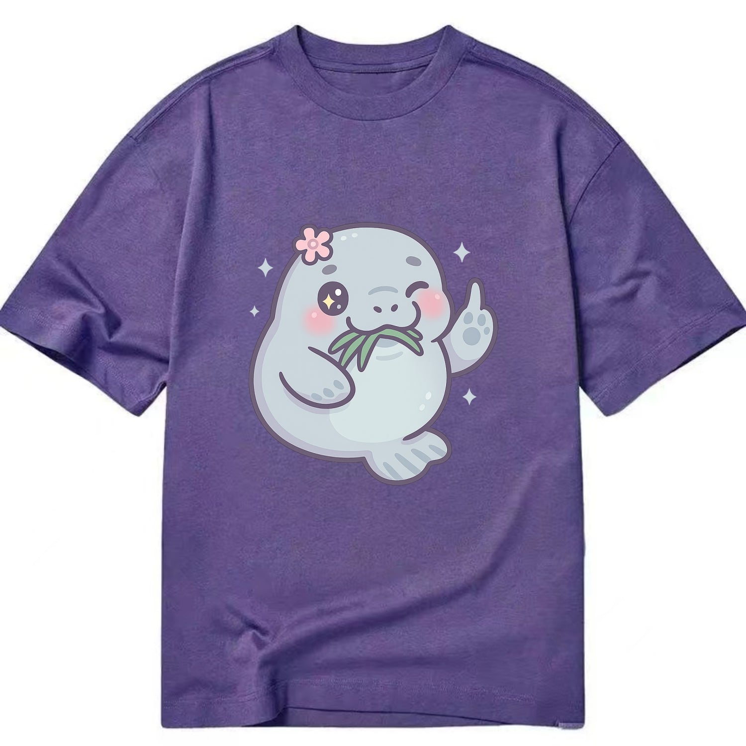 chubby manatee munching on seagrass, one flipper raised with sass - Classic T-shirt - Purple