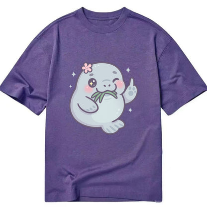 chubby manatee munching on seagrass, one flipper raised with sass - Classic T-shirt - Purple