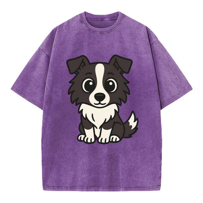 Border Collie - Intense stare sitting pose - Vintage T-shirt - Purple
