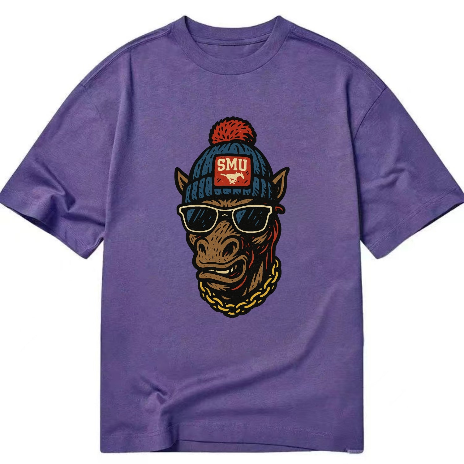 Dallas Mustang wearing SMU beanie with pony patch - Classic T-shirt - Purple