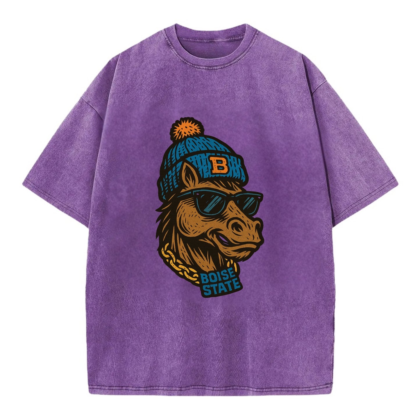 Boise Bronco wearing Boise State beanie with B patch - Vintage T-shirt - Purple