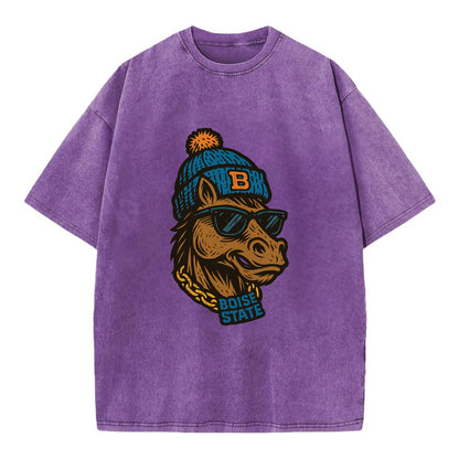 Boise Bronco wearing Boise State beanie with B patch - Vintage T-shirt - Purple