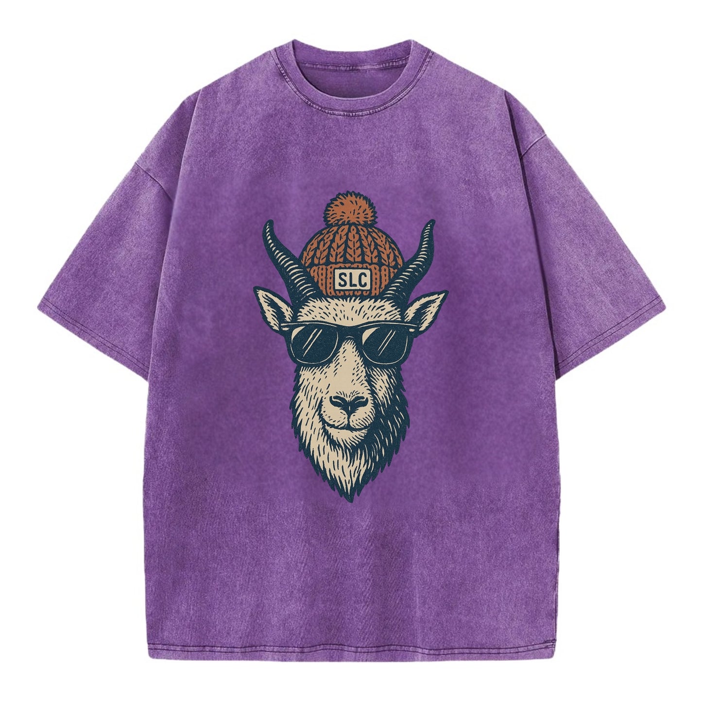 Salt Lake City Mountain Goat wearing SLC beanie with pom pom and wayfarer - Vintage T-shirt - Purple