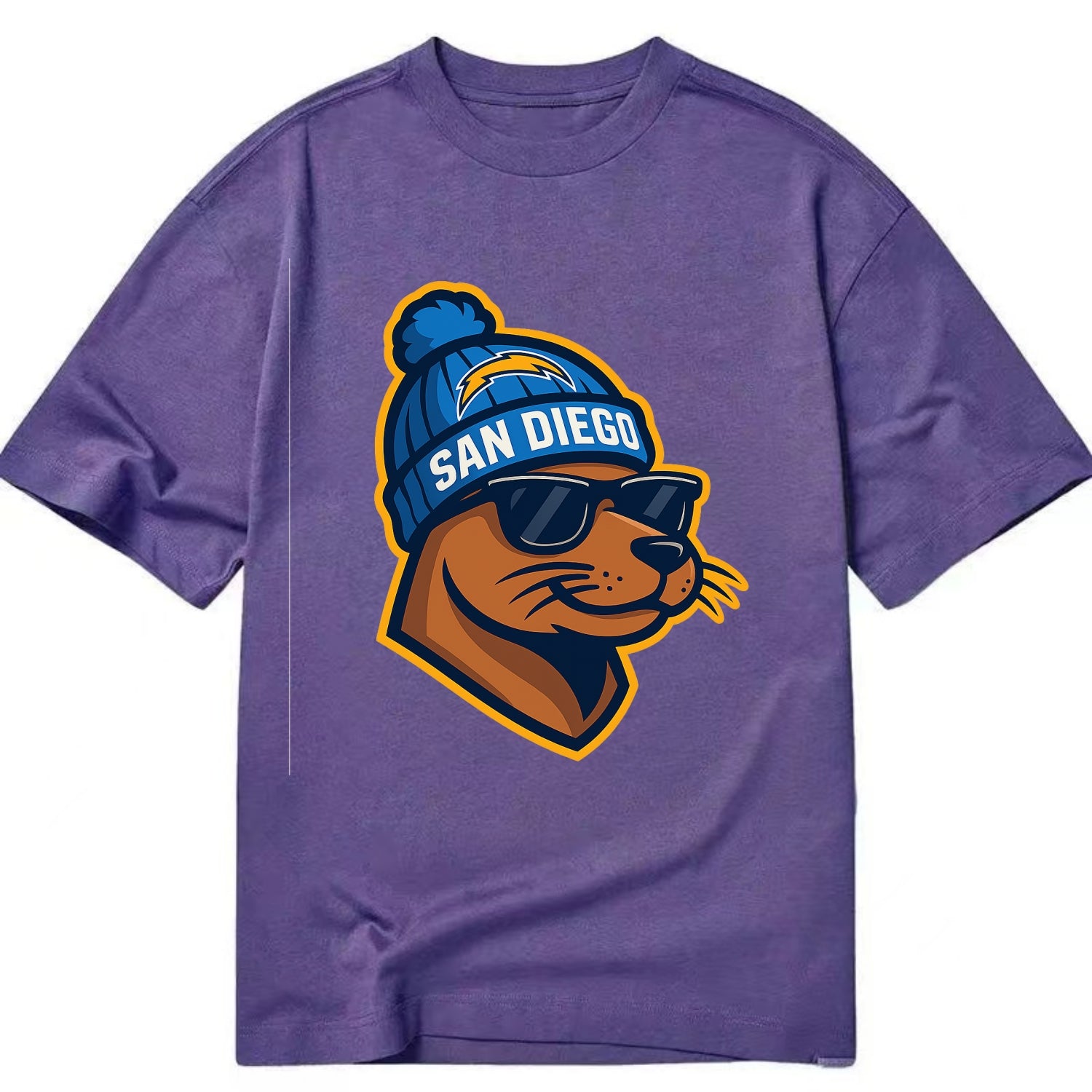 San Diego Sea Lion wearing Chargers beanie with bolt patch and wayfarer sunglasses - Classic T-shirt - Purple
