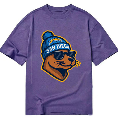 San Diego Sea Lion wearing Chargers beanie with bolt patch and wayfarer sunglasses - Classic T-shirt - Purple