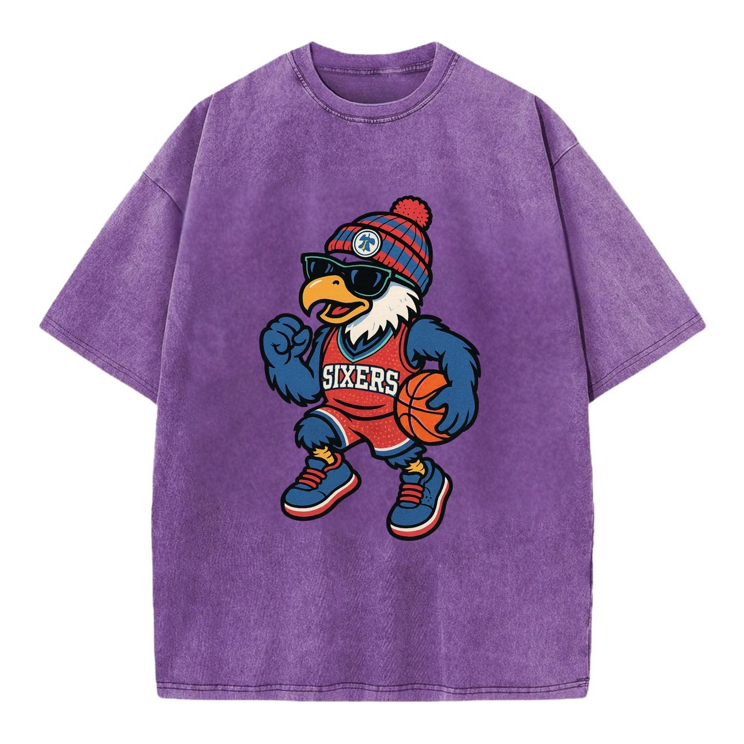 Philadelphia Eagle wearing 76ers red white and blue beanie with bell patch and - Vintage T-shirt - Purple