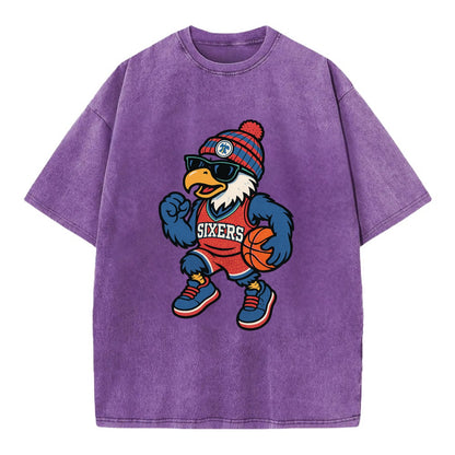 Philadelphia Eagle wearing 76ers red white and blue beanie with bell patch and - Vintage T-shirt - Purple