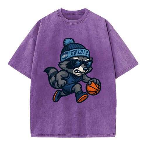 Memphis Raccoon wearing Grizzlies beanie with riverboat patch and wayfarer - Vintage T-shirt