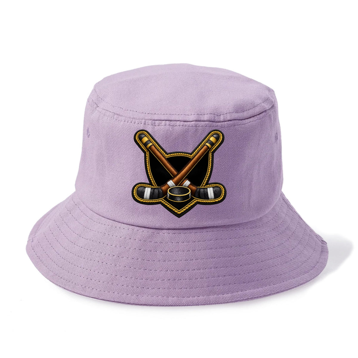 Embroidered patch design - HOCKEY CROSSED STICKS - ice hockey sticks with puck in - Bucket Hat - Purple