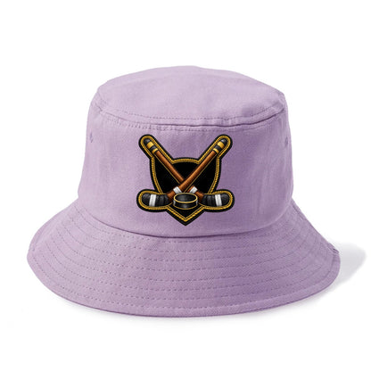 Embroidered patch design - HOCKEY CROSSED STICKS - ice hockey sticks with puck in - Bucket Hat - Purple