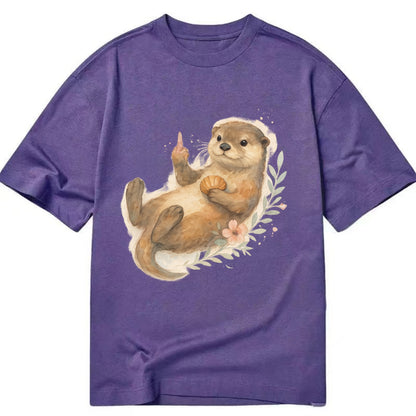 adorable otter floating on back, middle finger up while holding a shellfish - Classic T-shirt - Purple
