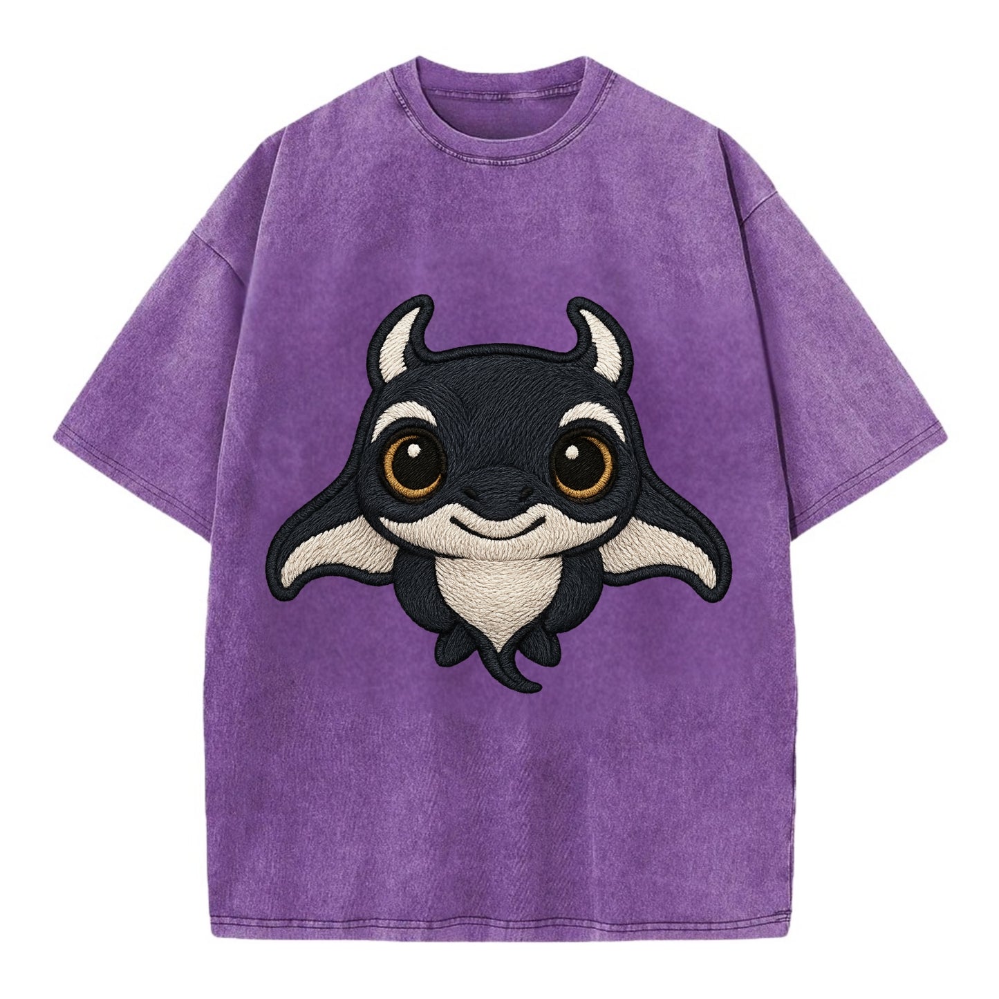 Baby Manta Ray - dark with white markings, cephalic fins, gentle eyes, - Vintage T-shirt - Purple