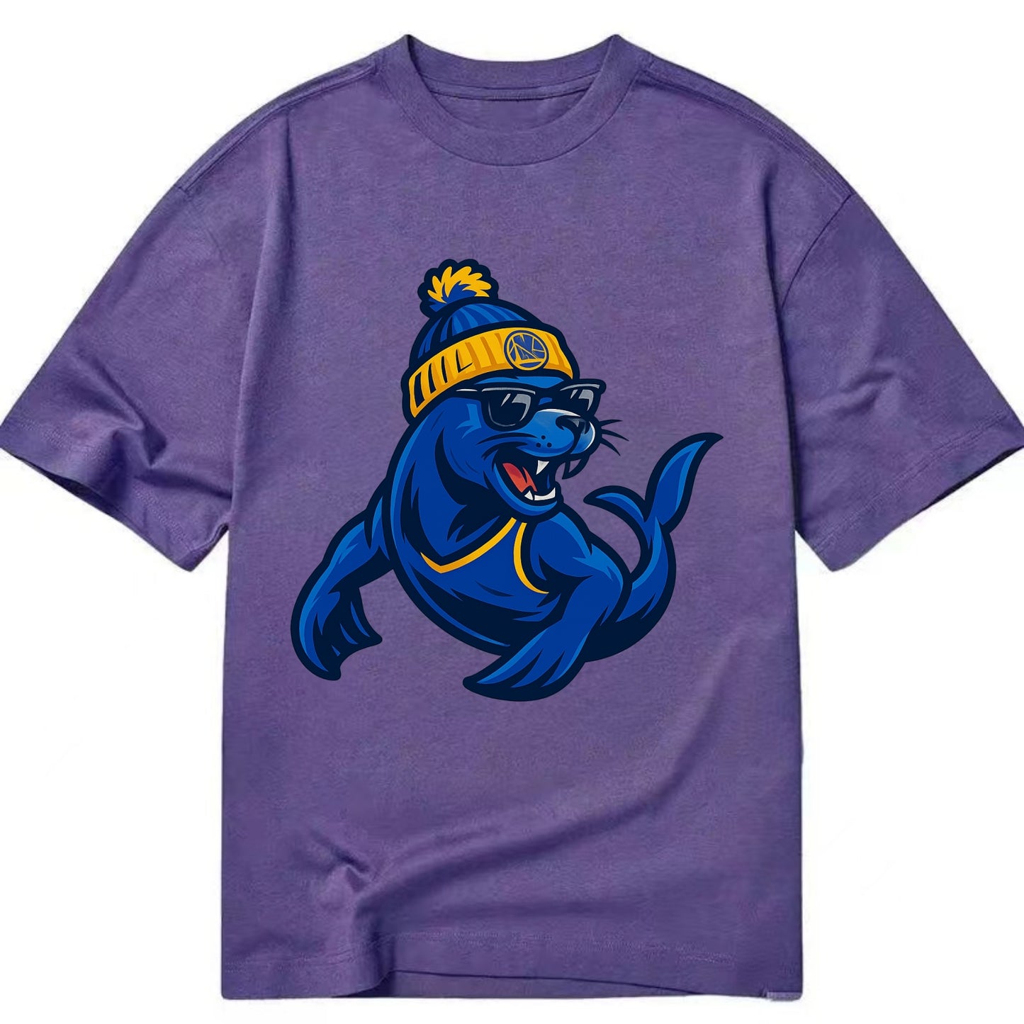 Bay Area Sea Lion wearing Warriors blue and gold beanie with Golden Gate and - Classic T-shirt - Purple