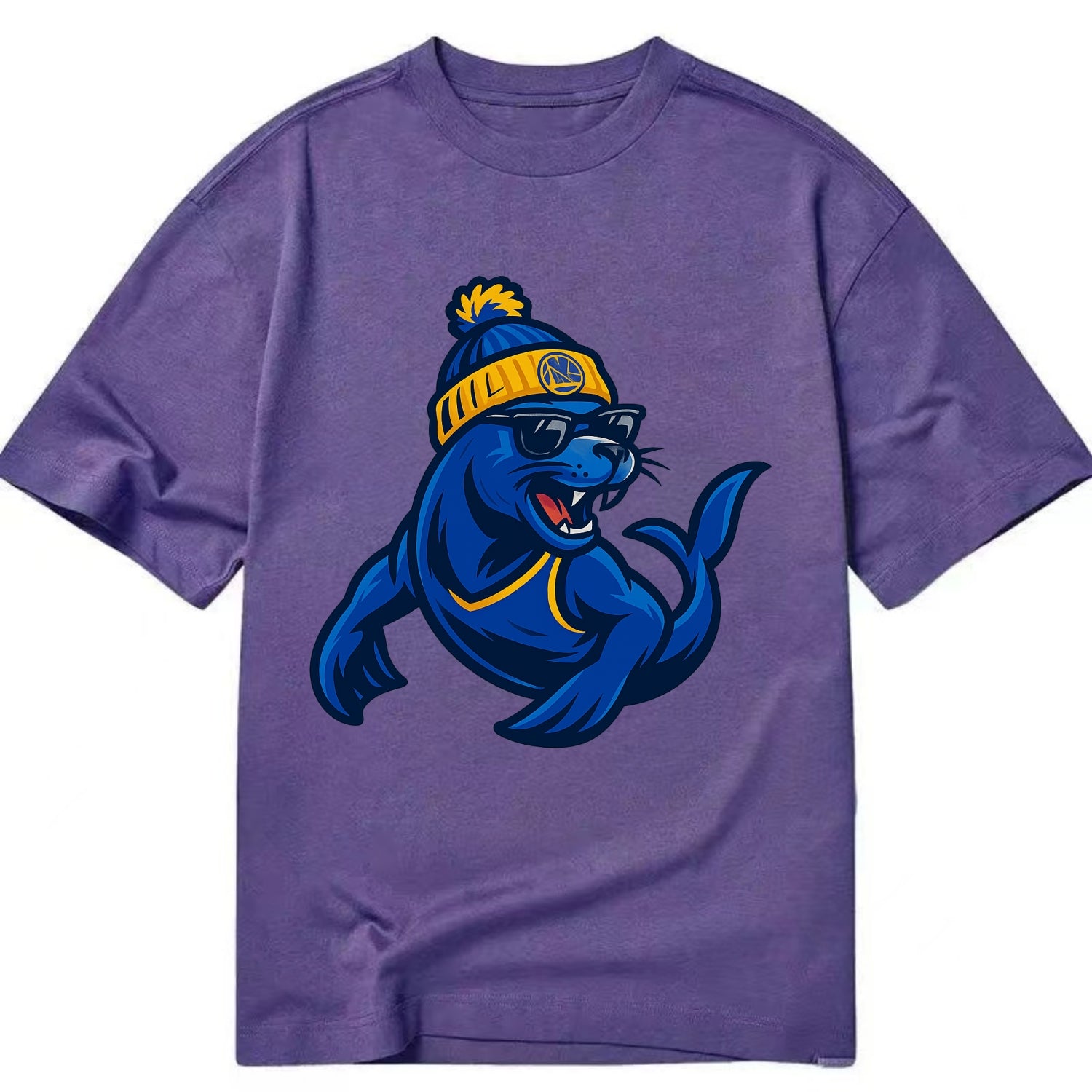 Bay Area Sea Lion wearing Warriors blue and gold beanie with Golden Gate and - Classic T-shirt - Purple