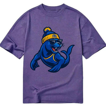 Bay Area Sea Lion wearing Warriors blue and gold beanie with Golden Gate and - Classic T-shirt - Purple