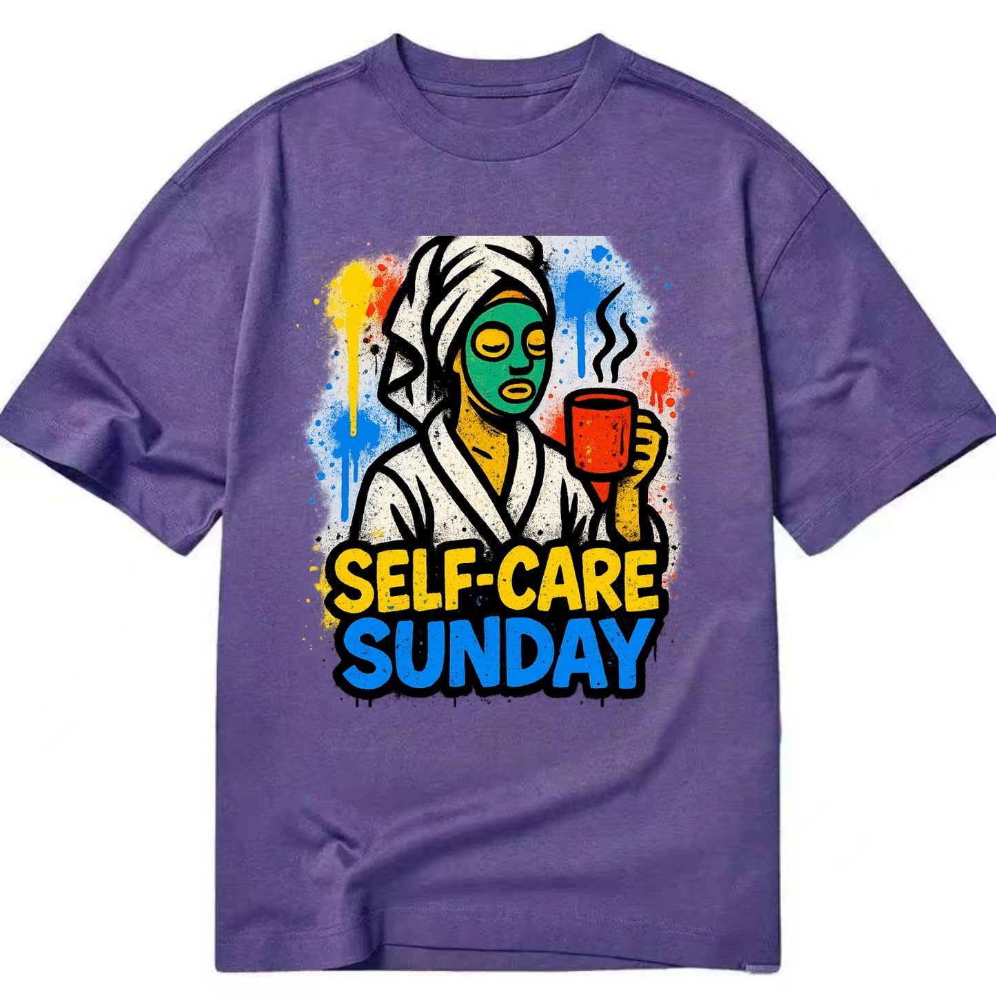 Person in bathrobe with face mask and tea - self-care Sunday ritual, wellness - Classic T-shirt - Purple
