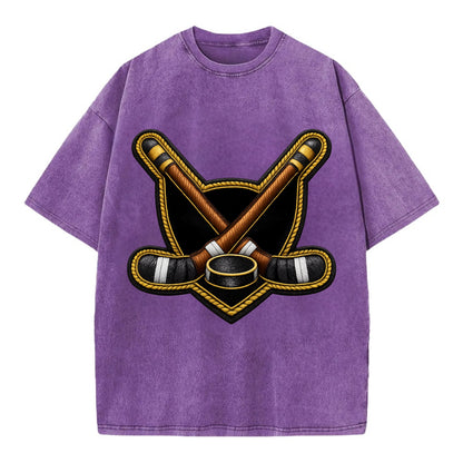 Embroidered patch design - HOCKEY CROSSED STICKS - ice hockey sticks with puck in - Vintage T-shirt - Purple