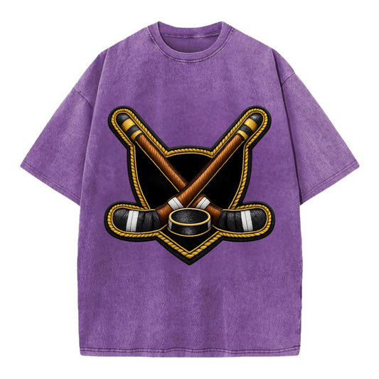 Embroidered patch design - HOCKEY CROSSED STICKS - ice hockey sticks with puck in - Vintage T-shirt - Purple
