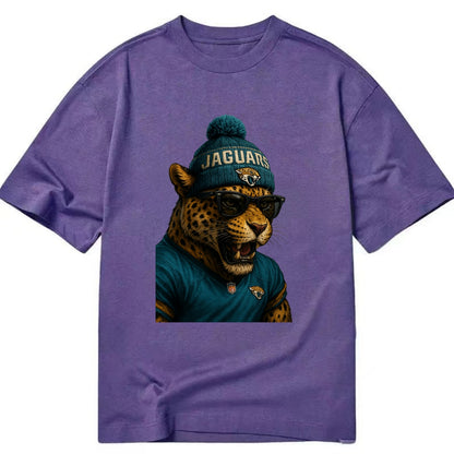 Jacksonville Jaguar wearing Jaguars teal and gold beanie with pom pom and - Classic T-shirt - Purple