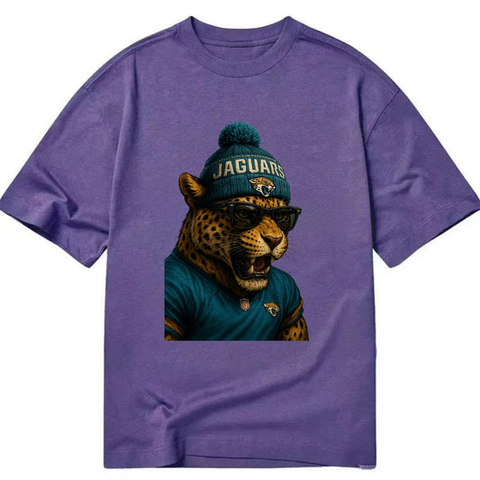 Jacksonville Jaguar wearing Jaguars teal and gold beanie with pom pom and - Classic T-shirt - Purple