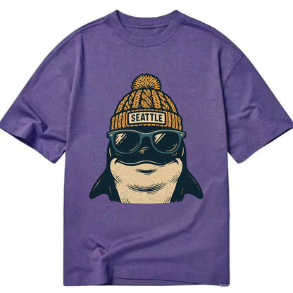 Seattle Orca wearing Seattle beanie with pom pom and wayfarer sunglasses - Classic T-shirt - Purple