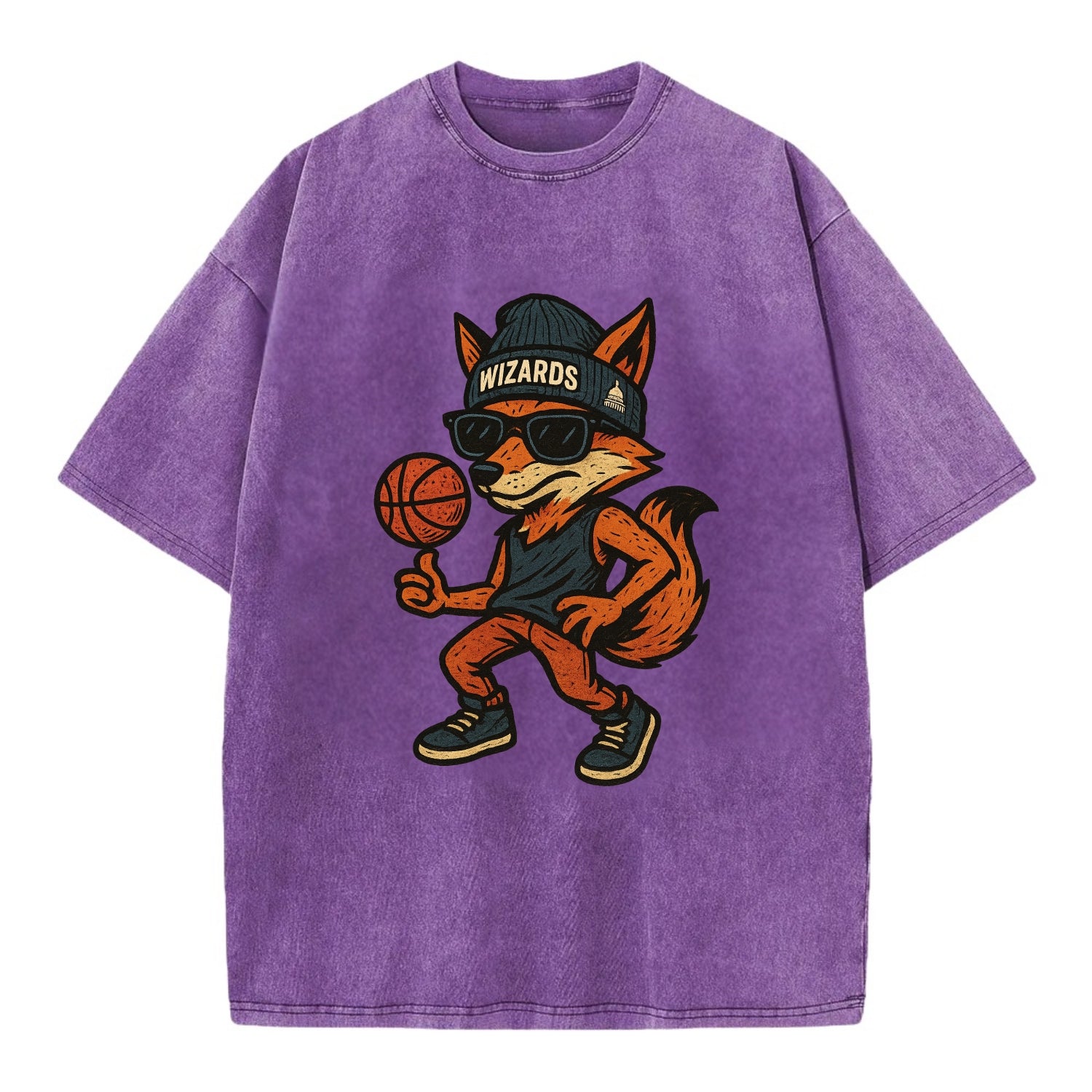 Washington Fox wearing Wizards beanie with capitol patch and wayfarer sunglasses - Vintage T-shirt - Purple