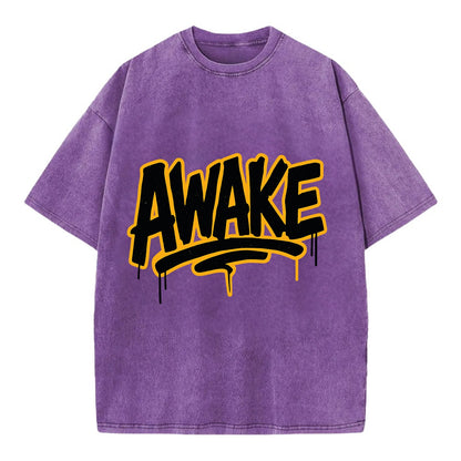 Bold typography design - "AWAKE" - conscious, aware, alert - Vintage T-shirt - Purple