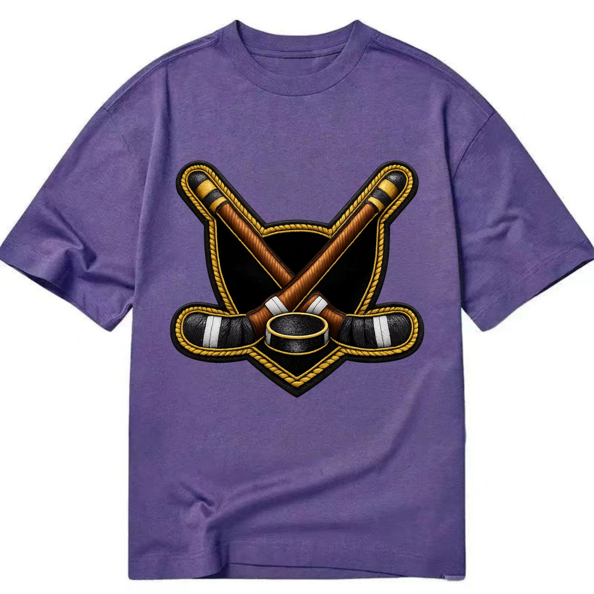 Embroidered patch design - HOCKEY CROSSED STICKS - ice hockey sticks with puck in - Classic T-shirt - Purple