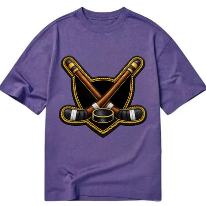 Embroidered patch design - HOCKEY CROSSED STICKS - ice hockey sticks with puck in - Classic T-shirt - Purple