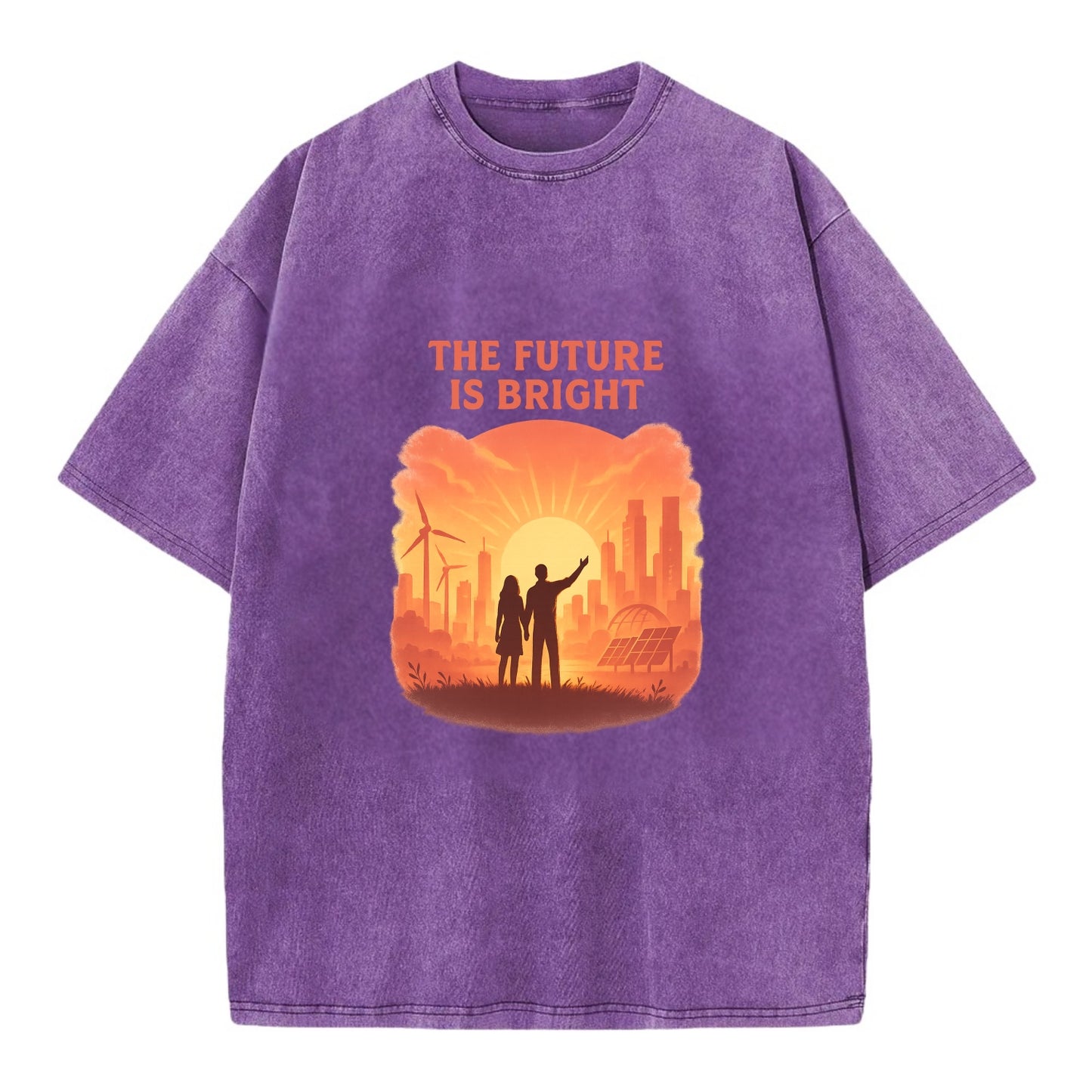 Sunrise over thriving sustainable city - "The Future is Bright" - optimistic - Vintage T-shirt - Purple
