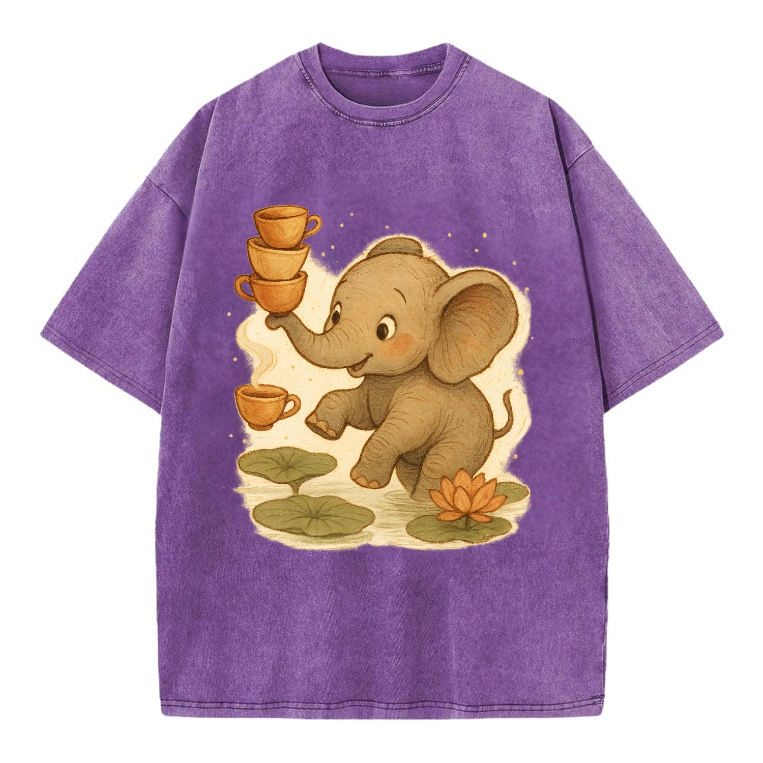 Elephant balancing teacups during a floating tea ceremony beside lotus ponds - Vintage T-shirt - Purple