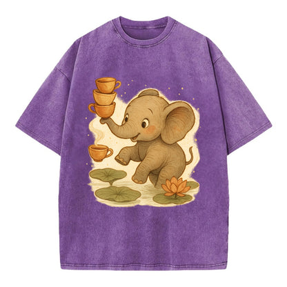 Elephant balancing teacups during a floating tea ceremony beside lotus ponds - Vintage T-shirt - Purple