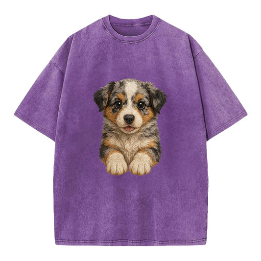 Baby Australian Shepherd Puppy - merle coat, bright eyes, fluffy, front-facing, - Vintage T-shirt - Purple