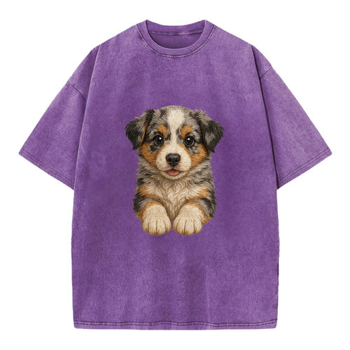 Baby Australian Shepherd Puppy - merle coat, bright eyes, fluffy, front-facing, - Vintage T-shirt
