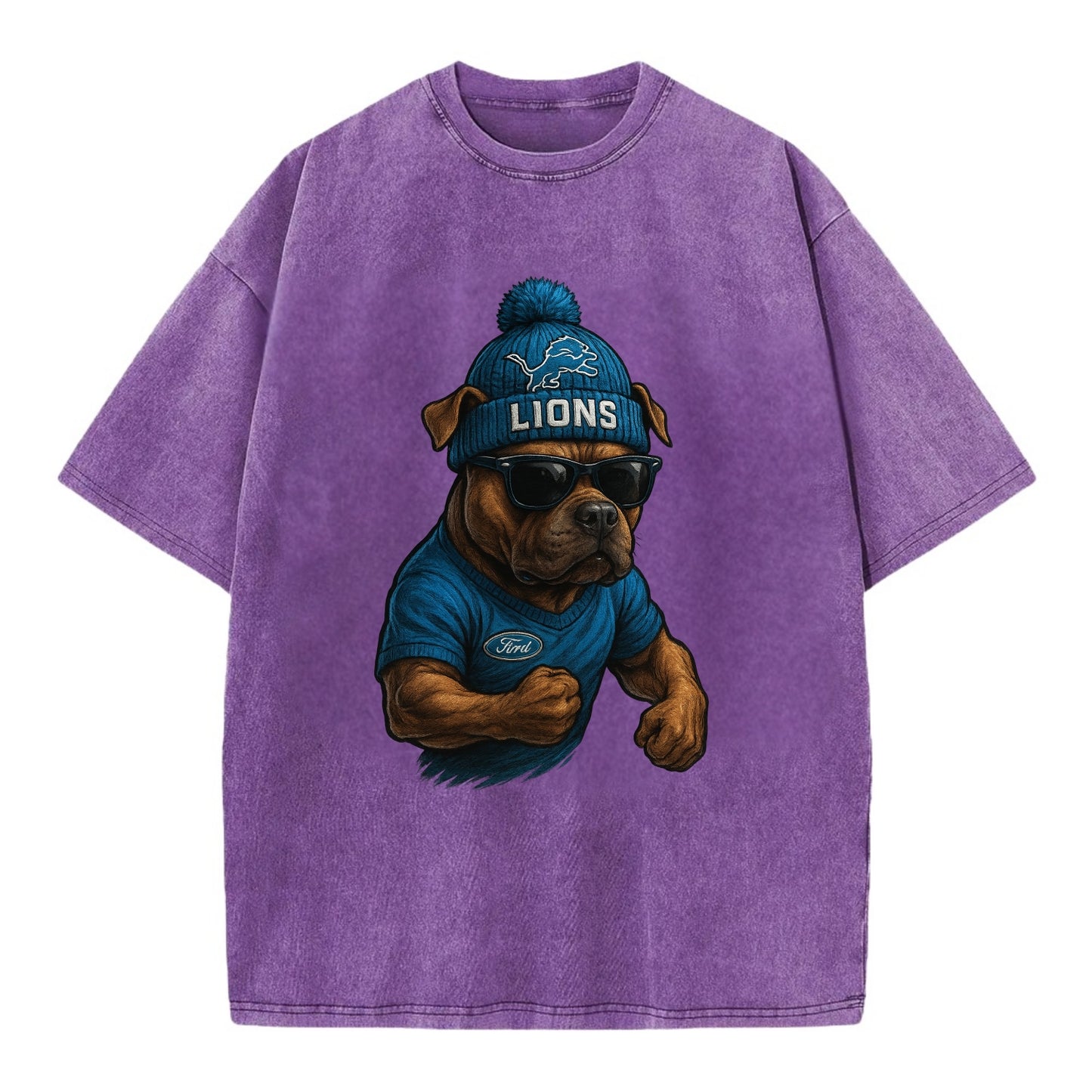 Detroit Pitbull wearing Lions beanie with auto patch and wayfarer sunglasses - Vintage T-shirt - Purple