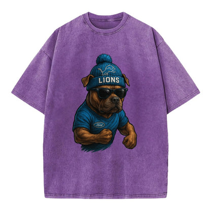 Detroit Pitbull wearing Lions beanie with auto patch and wayfarer sunglasses - Vintage T-shirt - Purple