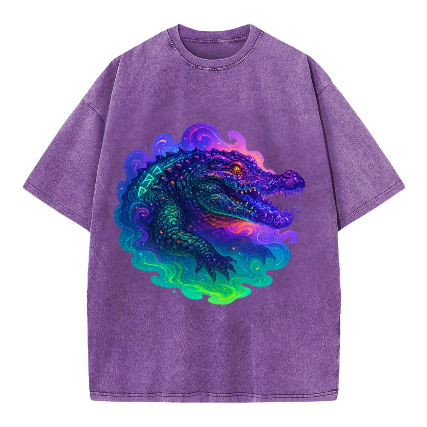 Primordial crocodile with scales pulsing plasma energy in green and purple, - Vintage T-shirt - Purple