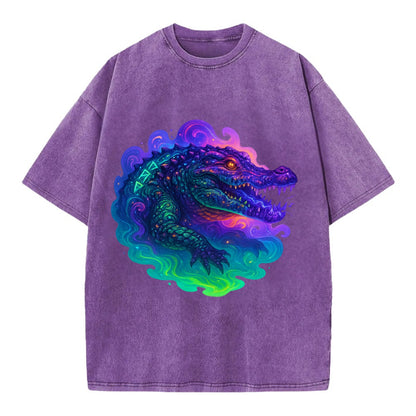 Primordial crocodile with scales pulsing plasma energy in green and purple, - Vintage T-shirt - Purple
