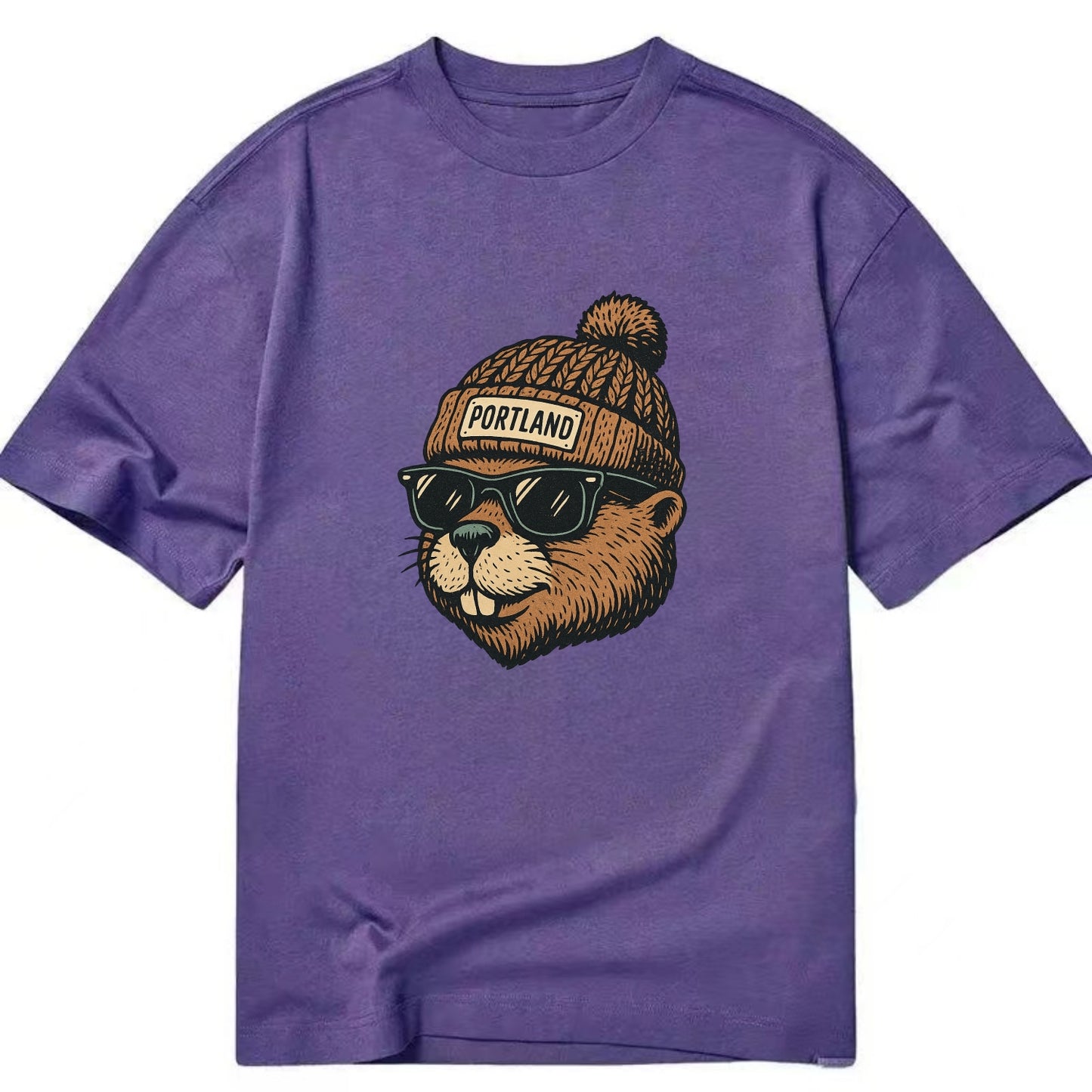 Portland Beaver wearing Portland beanie with pom pom and wayfarer sunglasses - Classic T-shirt - Purple